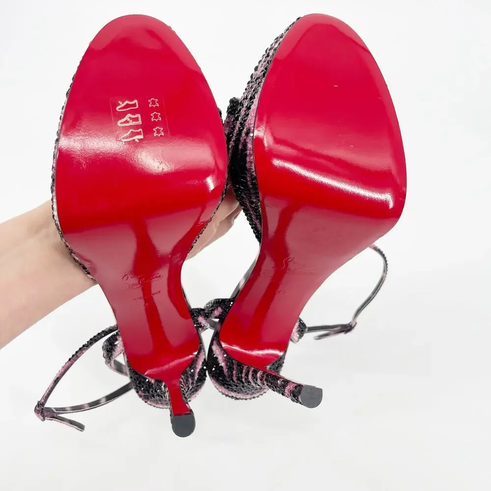 Christian Louboutin Loubi Queen Alta Pink Black Strass Platform Sandals EU 42